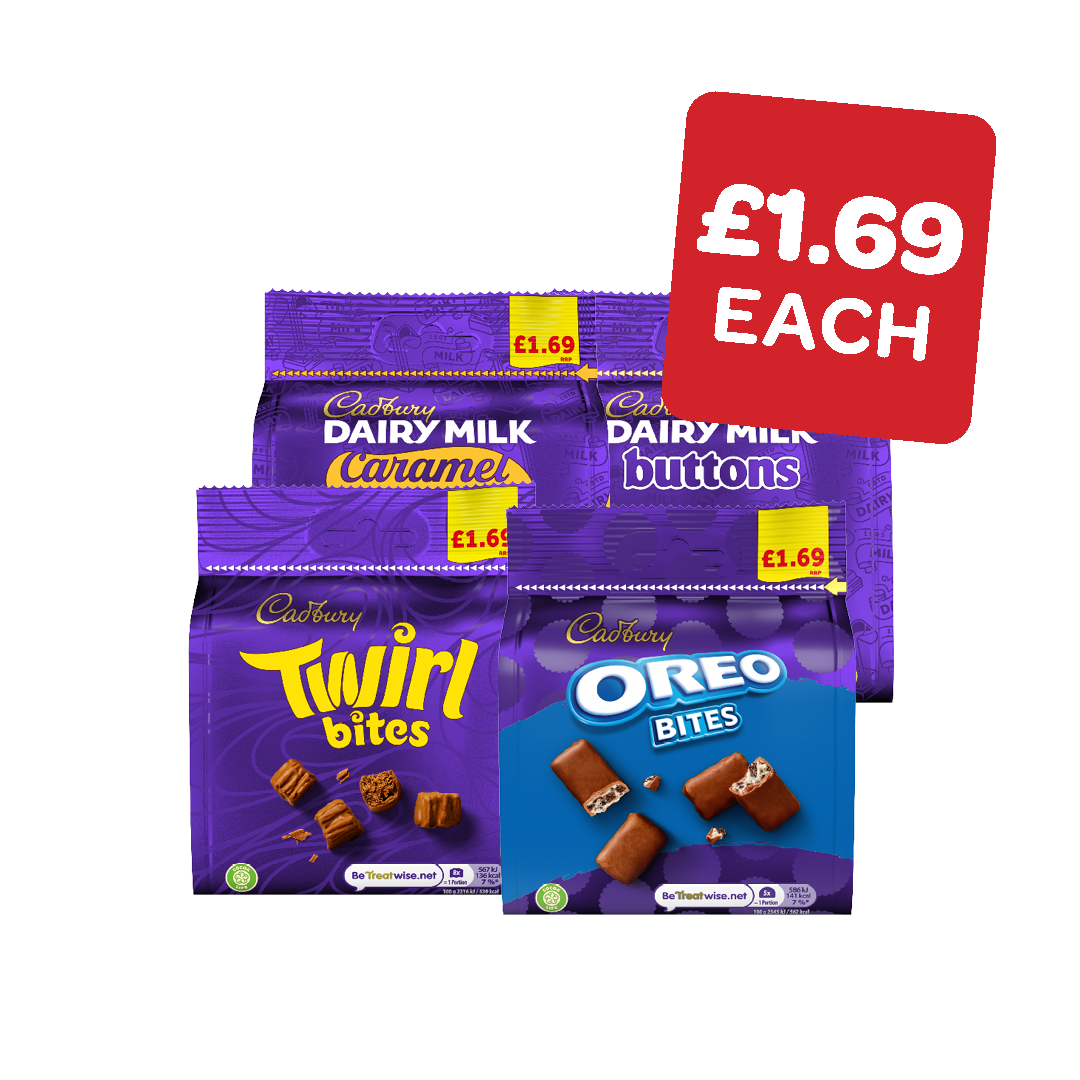 Cadbury Giant Buttons / Orange / White / Oreo / Bitsa Wispa / Caramel Nibbles / Twirl Bites / Caramilk / Curly Wurly Price Marked Pack