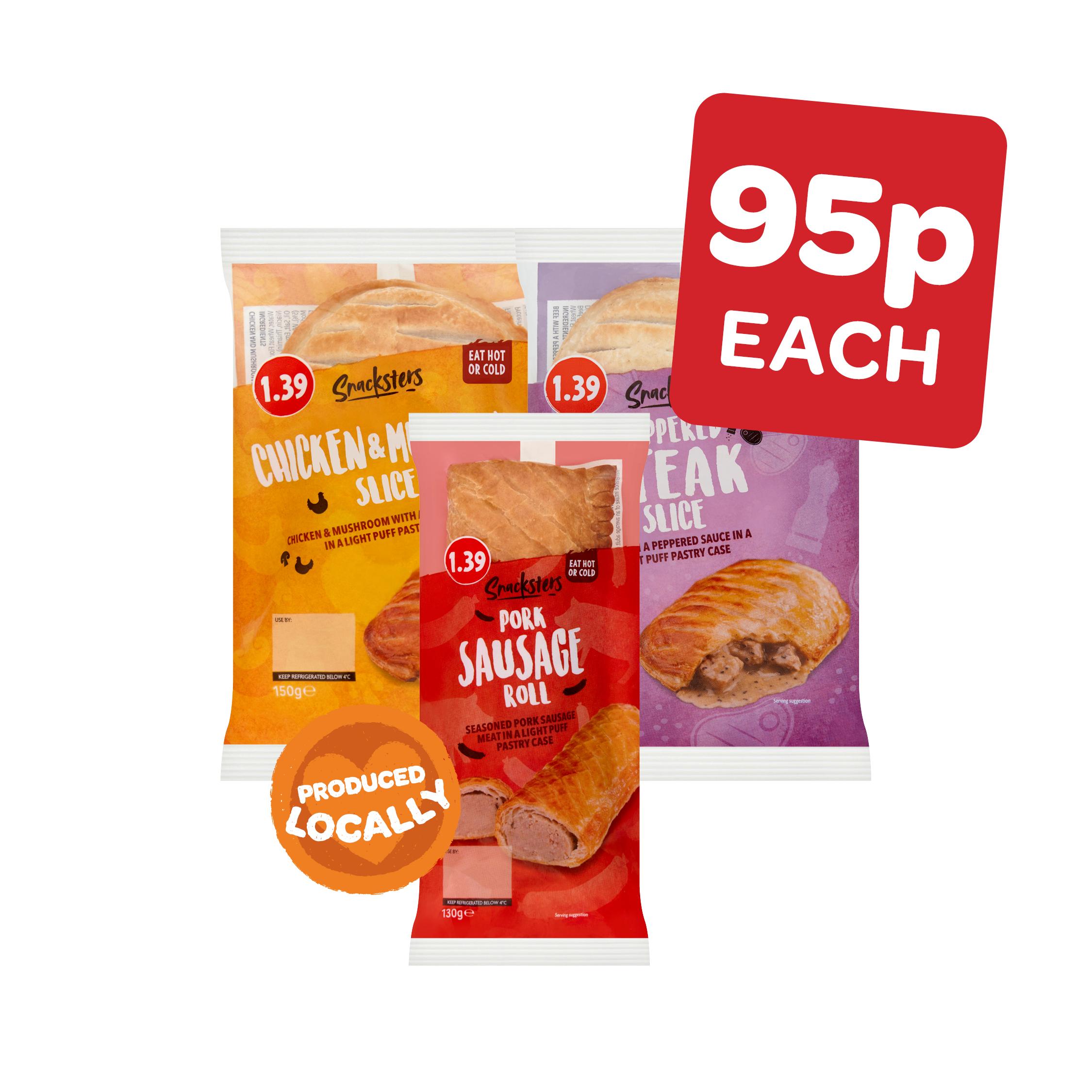 Snacksters Sausage Roll / Chicken & Mushroom Slice / Peppered Steak Slice