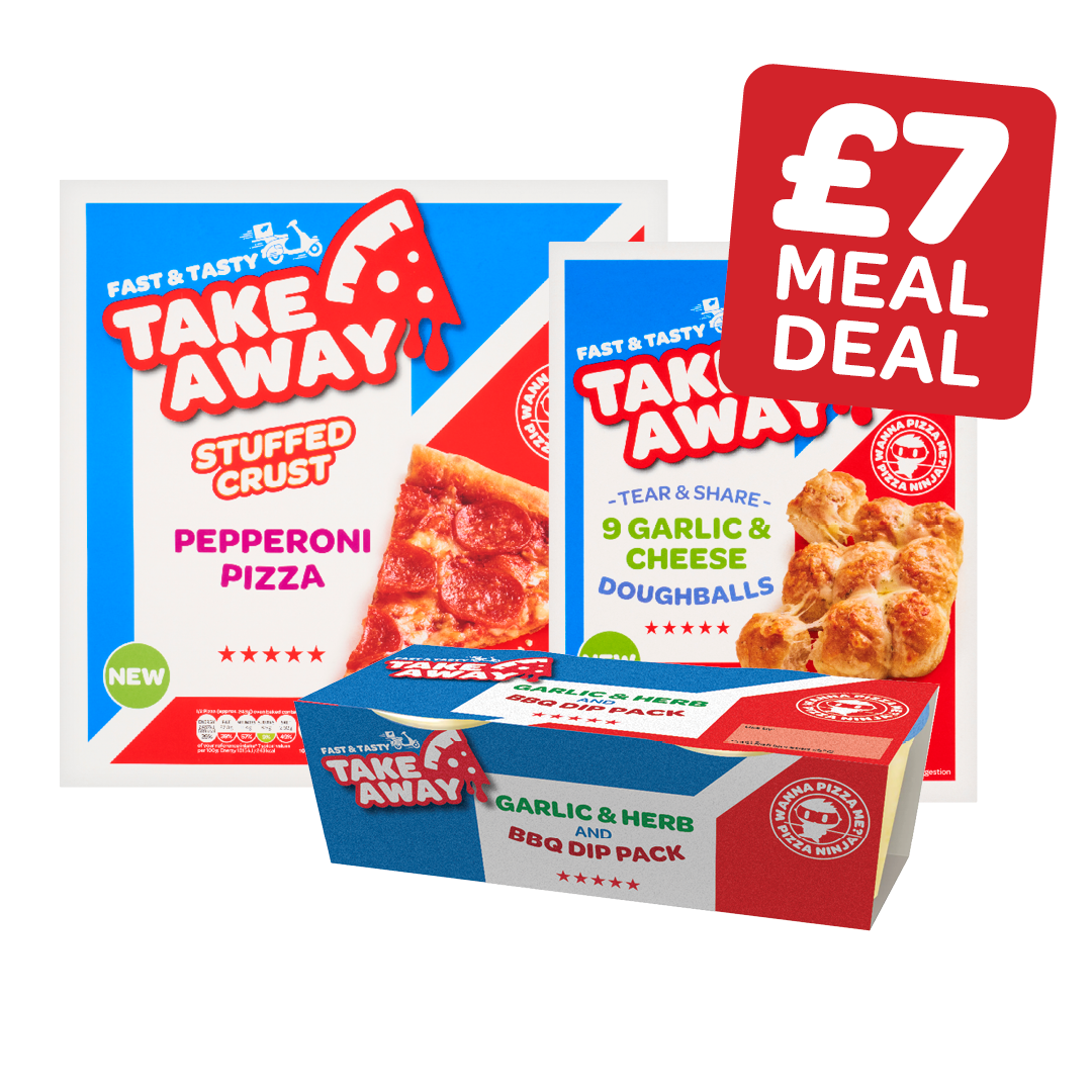 Takeaway Pizza Cheese & Tomato / Pepperoni / BBQ Chicken & Bacon £4.89 - £5.15 / 1 x Garlic Pizza Bread / Garlic & Cheese Doughballs £2.39 - £2.70 / 1 x Garlic & Herb & BBQ Dip Pack £1.99 - £2.10