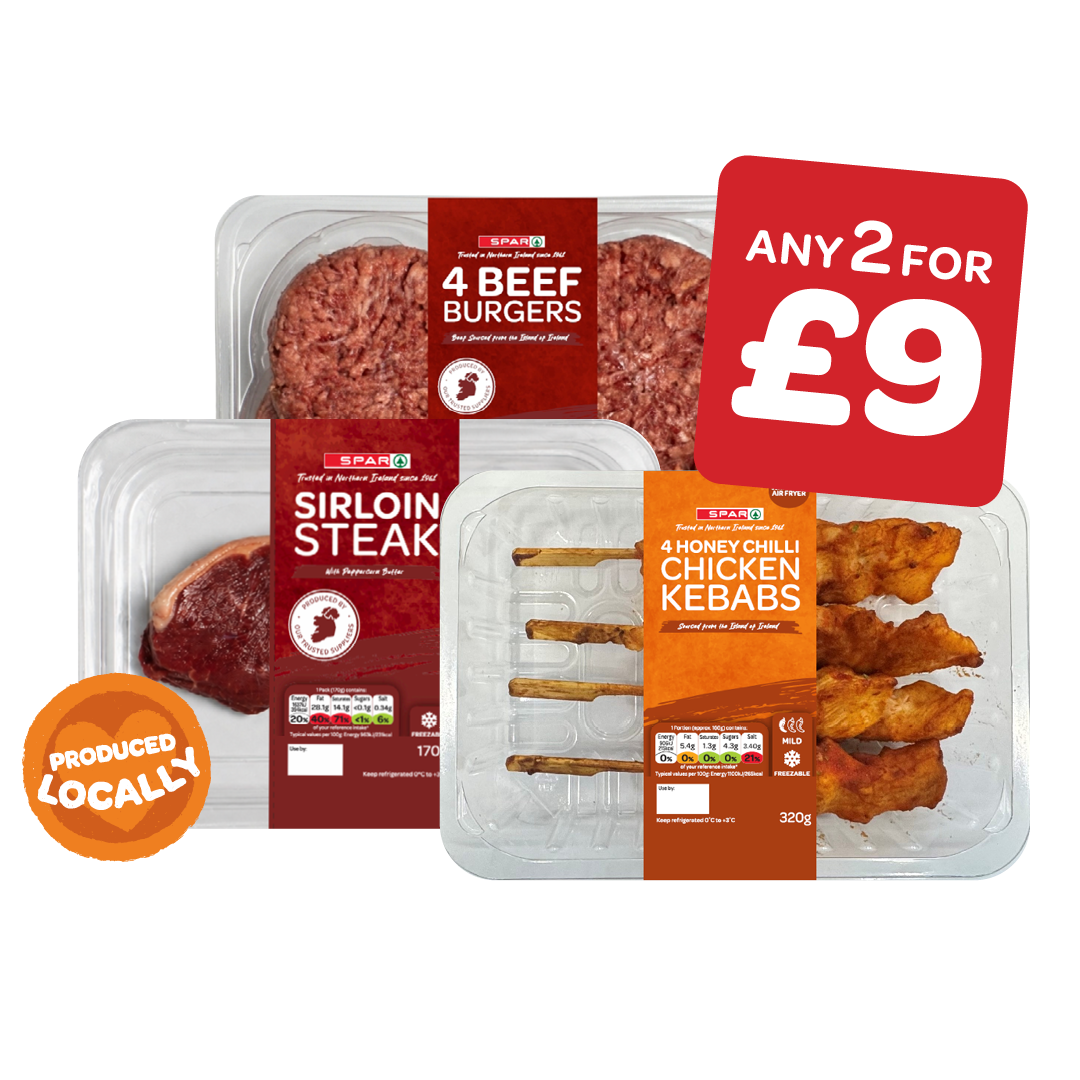 SPAR Beef Burgers 4 Pack  / Pork Chops 4 Pack / Sirloin Steak / Honey Chilli Chicken Kebabs / Teriyaki Chicken Kebabs