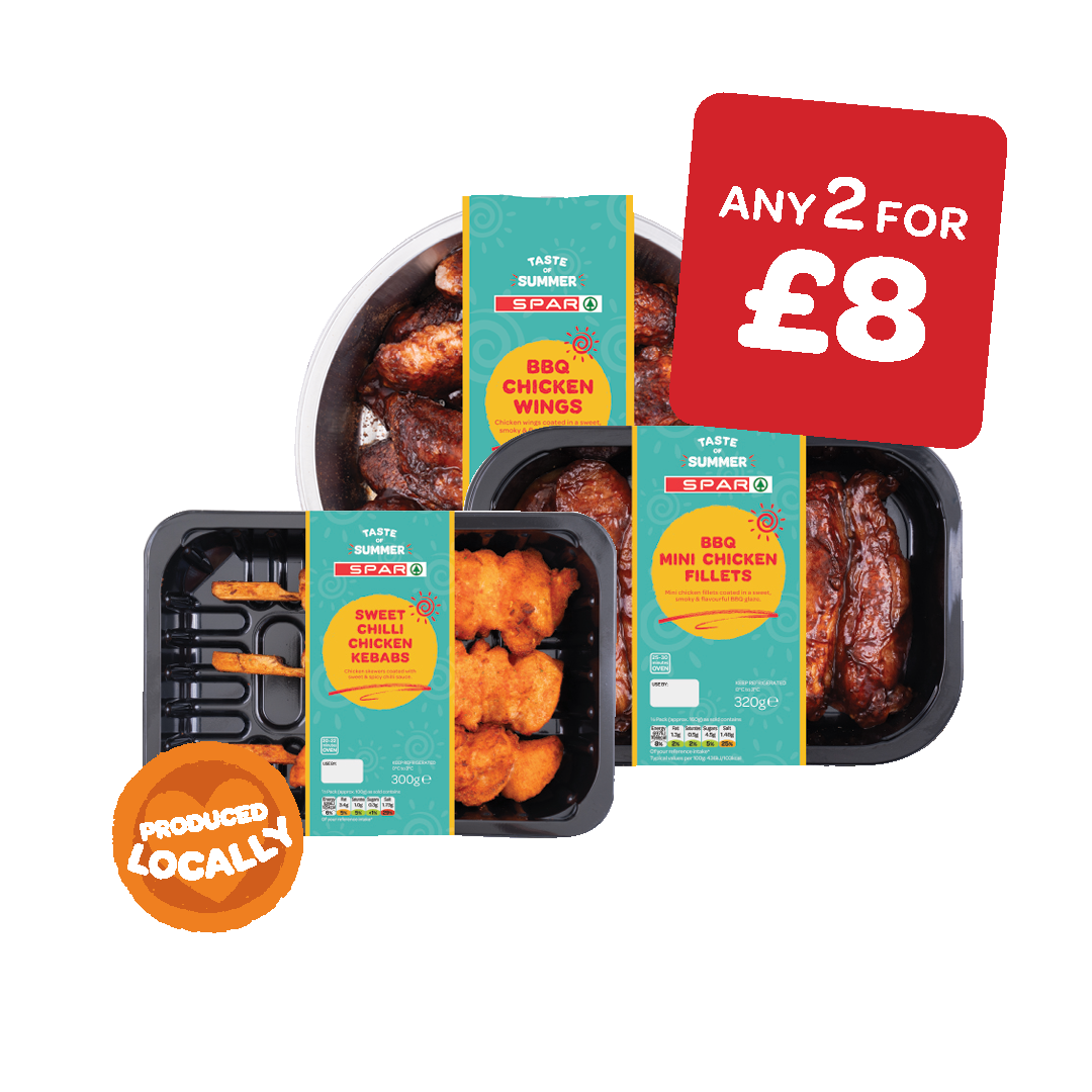 SPAR Taste of Summer Sweet Chilli Chicken Kebab / Salt & Chilli Chicken Kebab / BBQ Mini Chicken Fillets / BBQ Chicken Wings