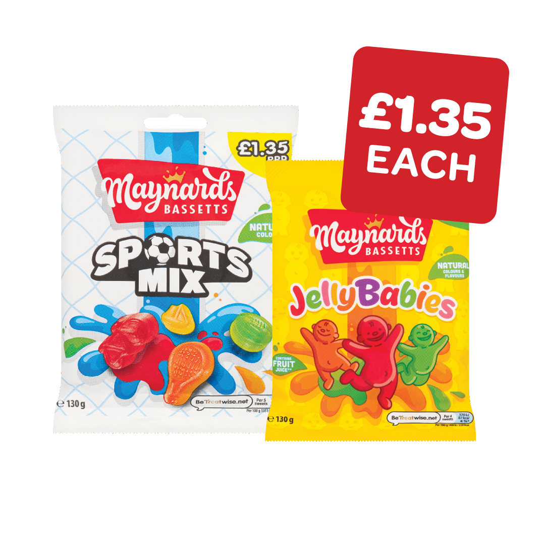 Maynards Fizzy Fish / Classic Fruit / Jelly  Babies / Liquorice Allsorts / Mini Gems /  Sports Mix / Wine Gums / Cadbury  Chocolate Éclair Price Marked Pack