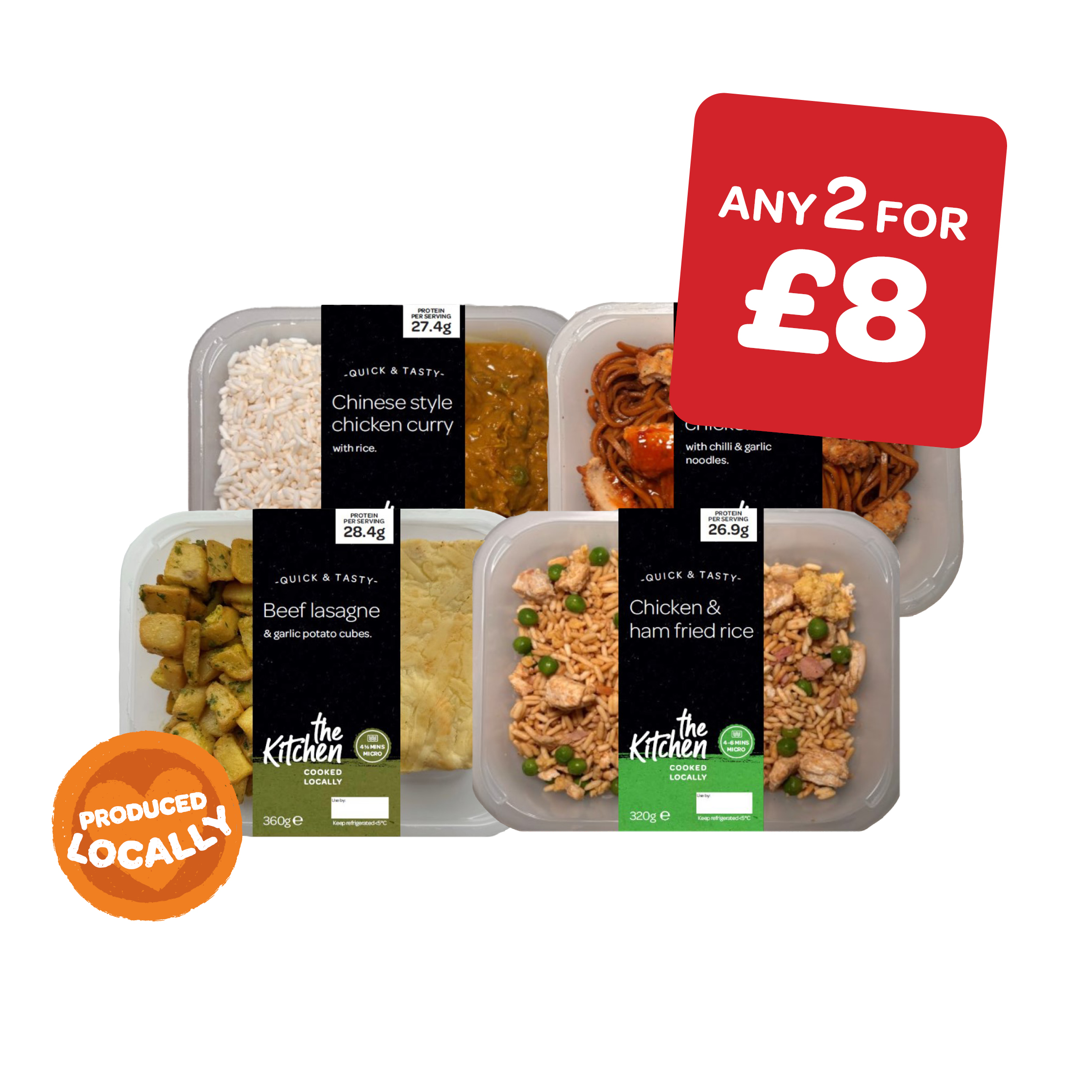 The Kitchen Beef Lasagne & Potatoes / Crispy Chilli Chicken Noodles / Chinese Chicken Curry & Rice /  Chicken & Ham Fried Rice