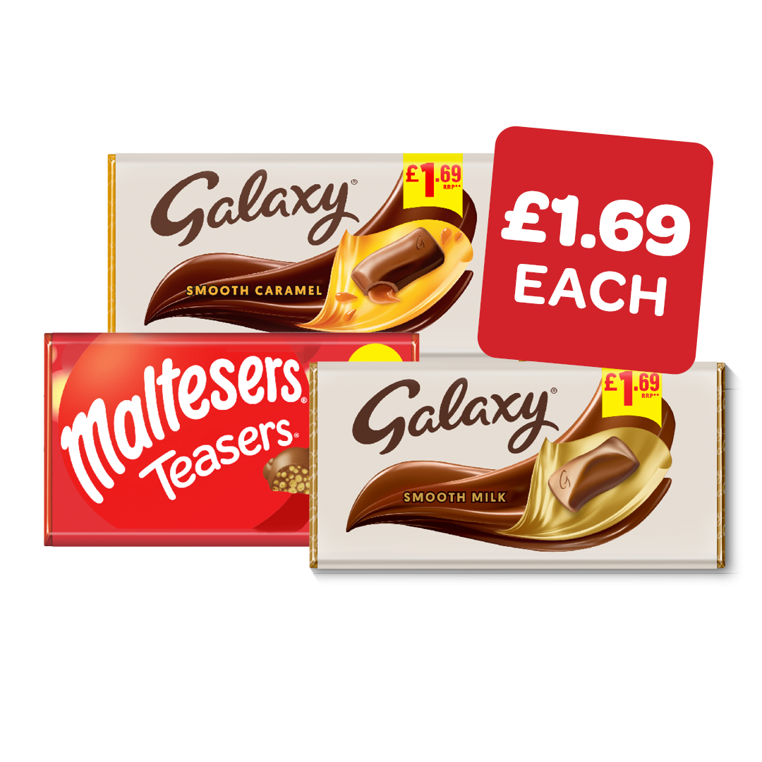 Galaxy Salted Caramel / Mint / Milk / Cookie Crumble / Caramel / Maltesers Teasers Price Marked Pack