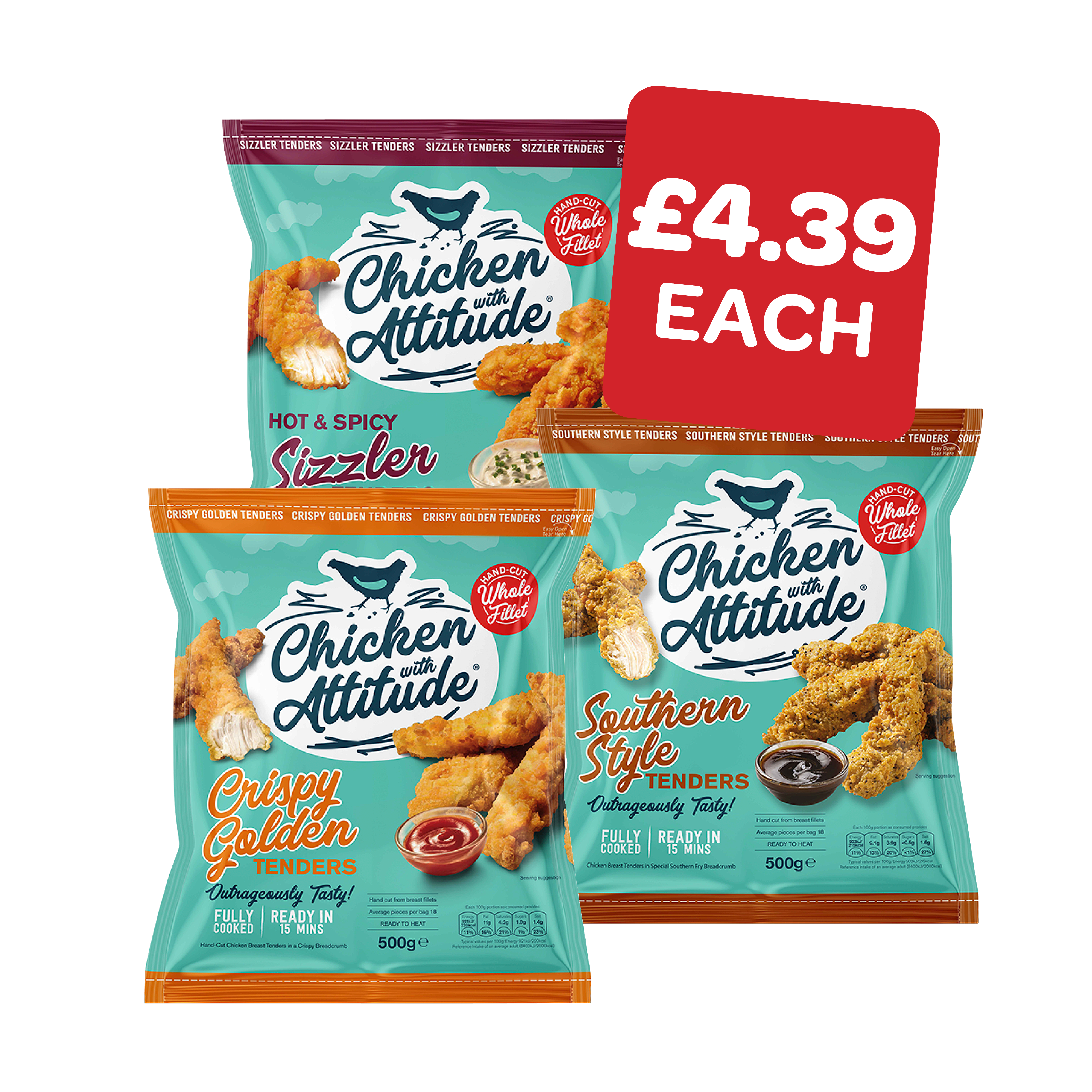 Chicken With Attitude Crispy Tenders / Spicy Tenders / Southern Fried Tenders / Popcorn Chicken / Chicken Dippers