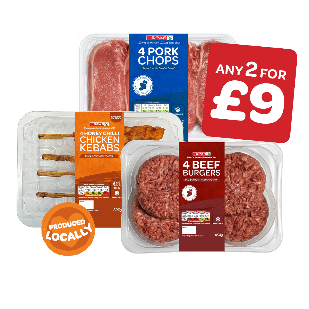 SPAR Pork Chops 4 Pack / Beef Burgers 4 Pack / Honey & Chilli Chicken Kebabs / Teriyaki Chicken Kebabs / Buffalo Wings