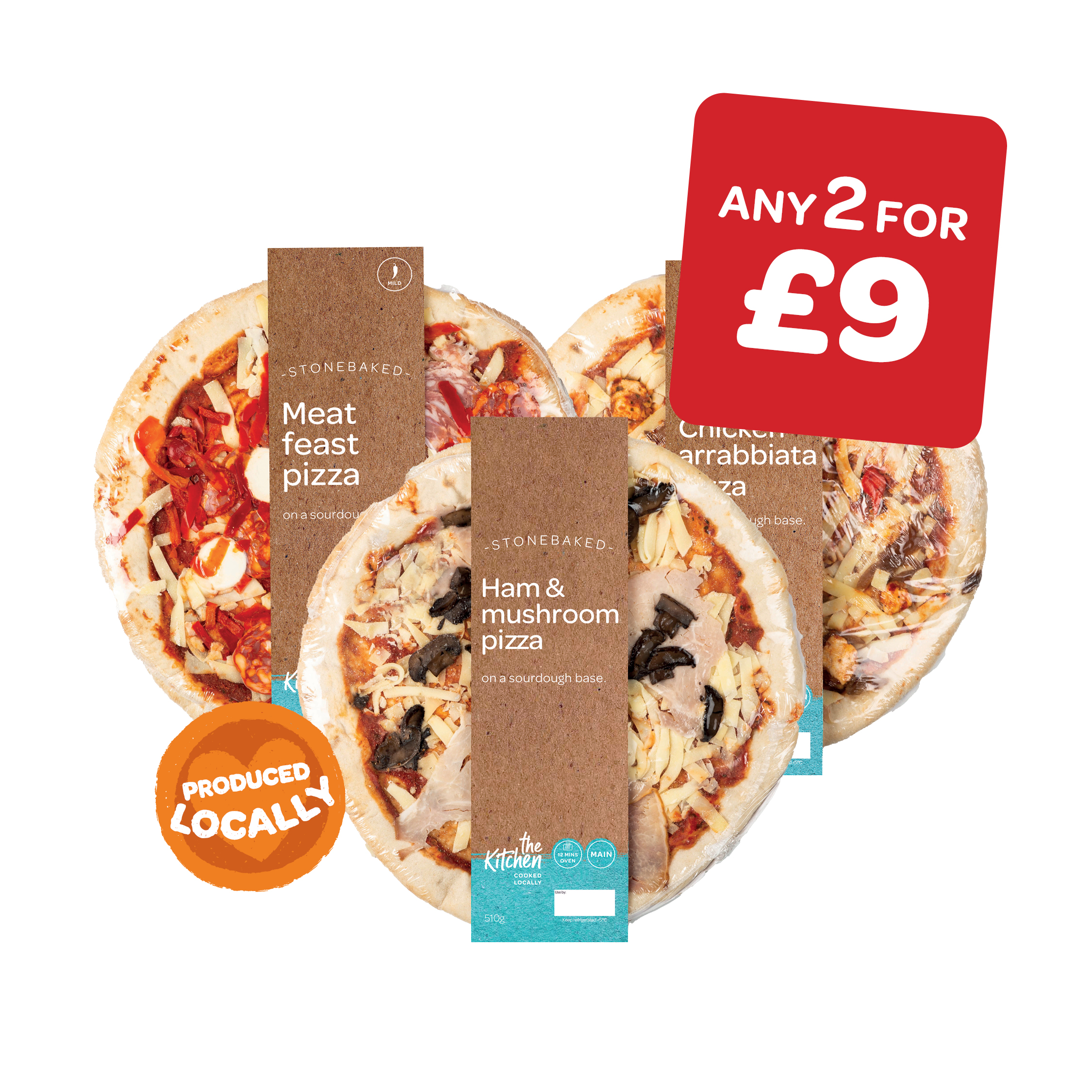 The Kitchen Meat Feast / Ham & Mushroom /  Chicken Arrabbiata Pizza