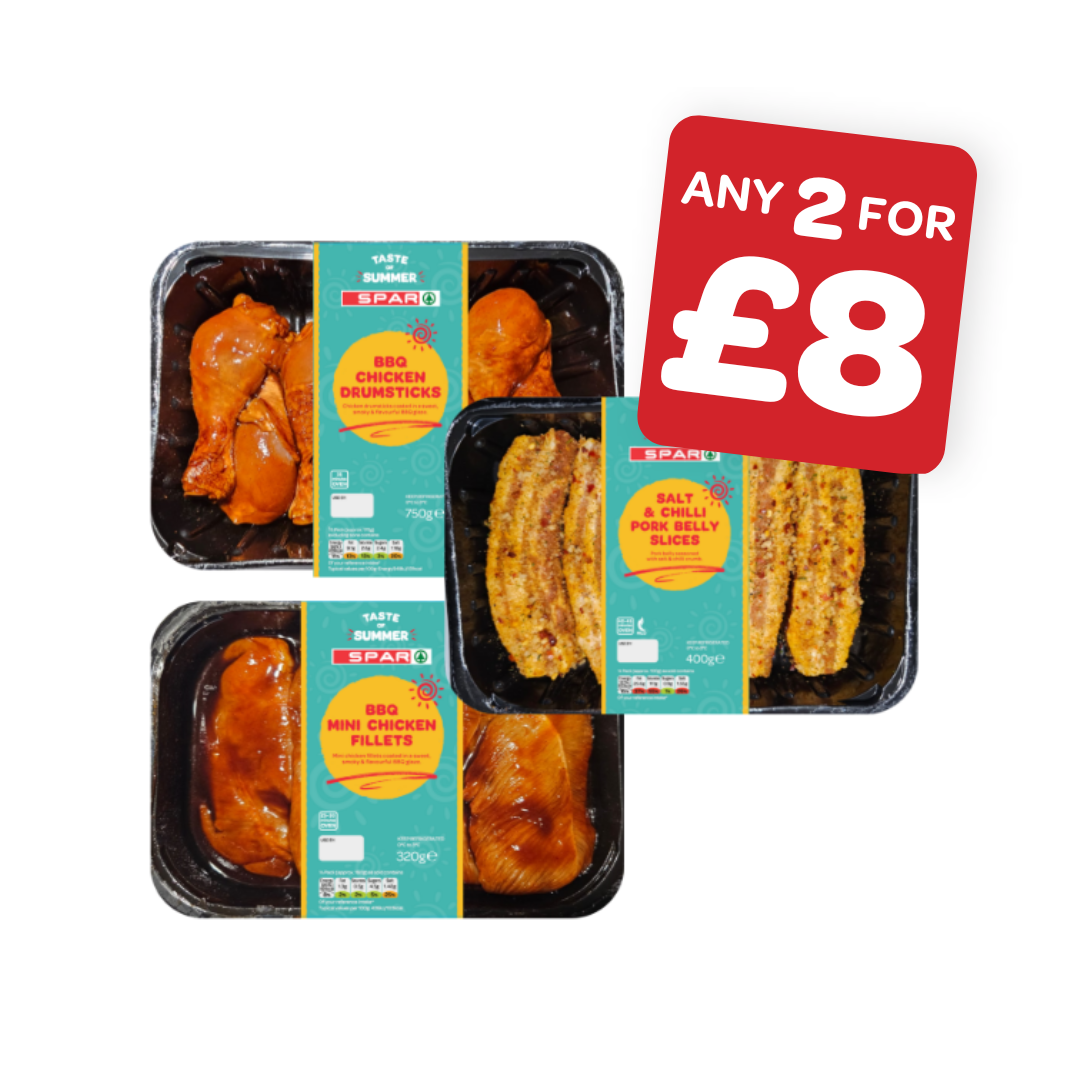 SPAR Taste Of Summer BBQ Pork Belly Slices / Salt & Chilli Pork Belly Slices / BBQ Chicken Mini Fillets / BBQ Chicken Drumsticks