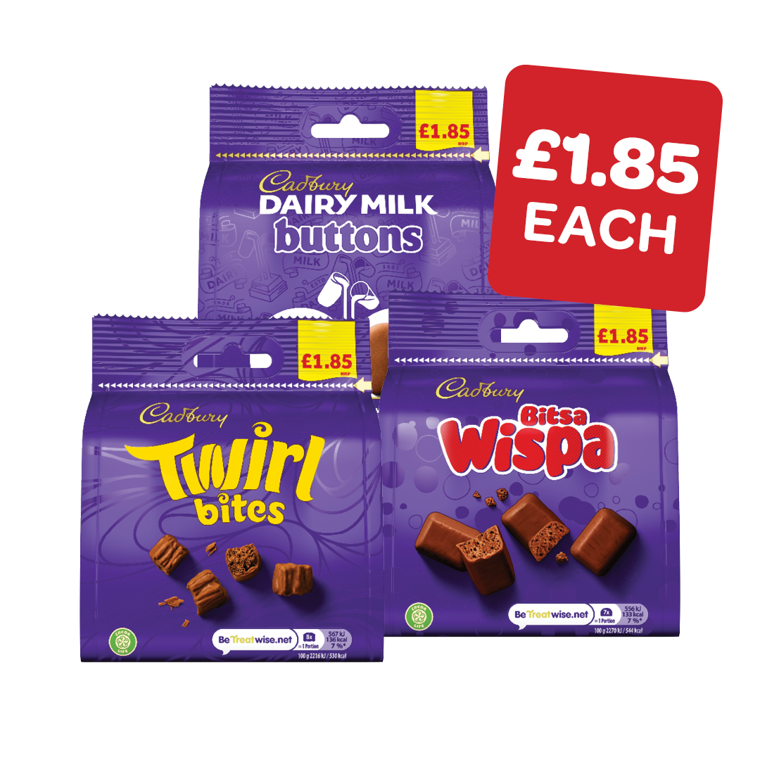Cadbury Giant Buttons / Orange /  White / Oreo / Bitsa Wispa / Caramel  Nibbles / Twirl Bites / Curly Wurly  Price Marked Pack