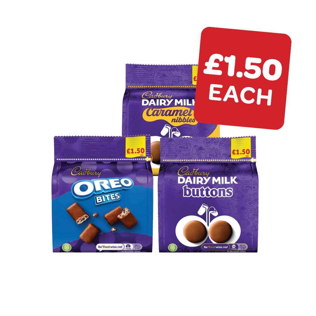 Cadbury Giant Buttons / Orange / White / Oreo / Bitsa Wispa / Caramel Nibbles / Twirl Bites / Caramilk / Curly Wurly Price Marked Pack