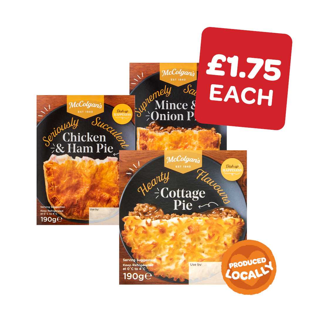 McColgans Mince & Onion / Chicken & Ham / Cottage / Steak & Gravy Pies