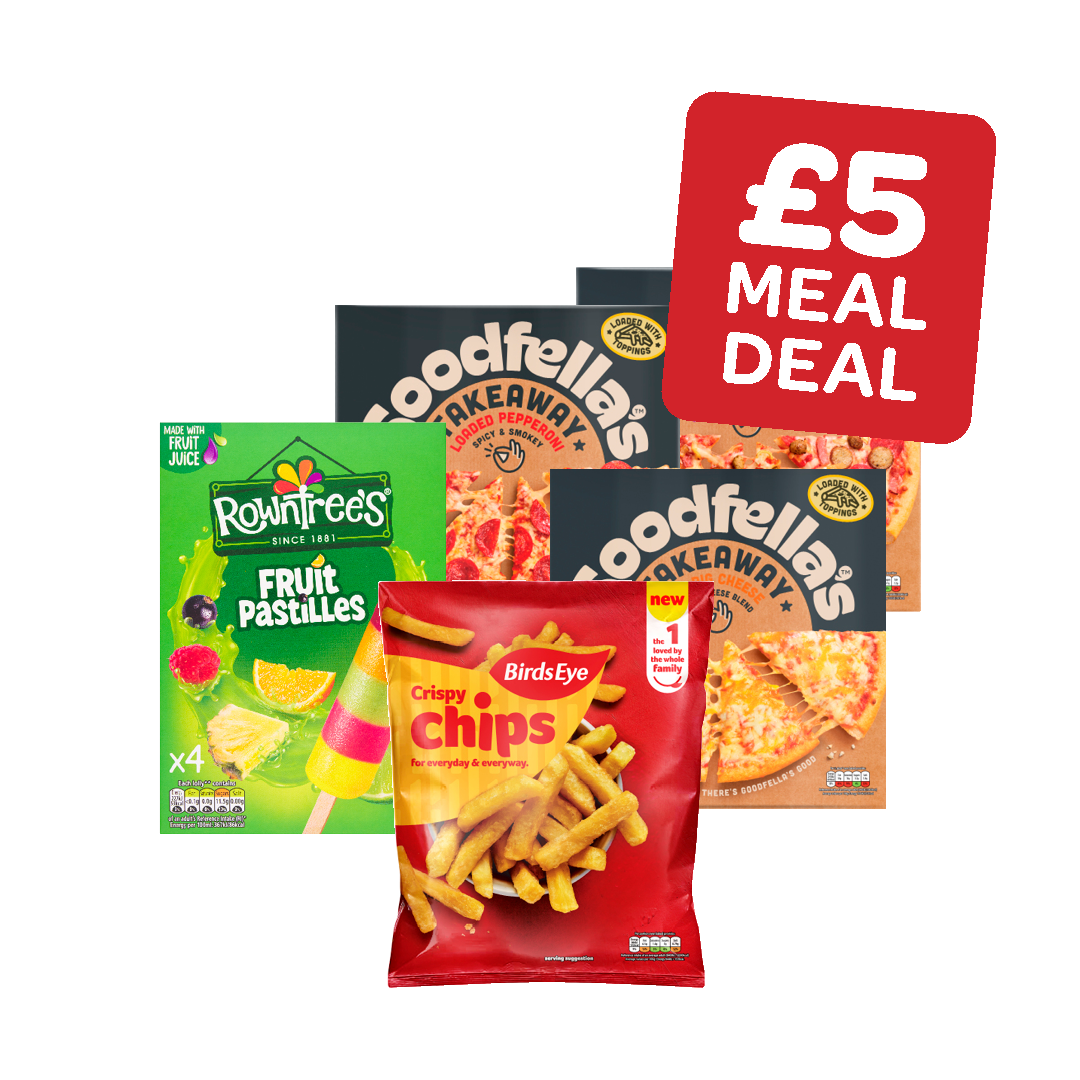 Goodfellas Takeaway Pizza / Birds Eye Crispy Chips / Rowntrees Fruit Pastilles Lolly